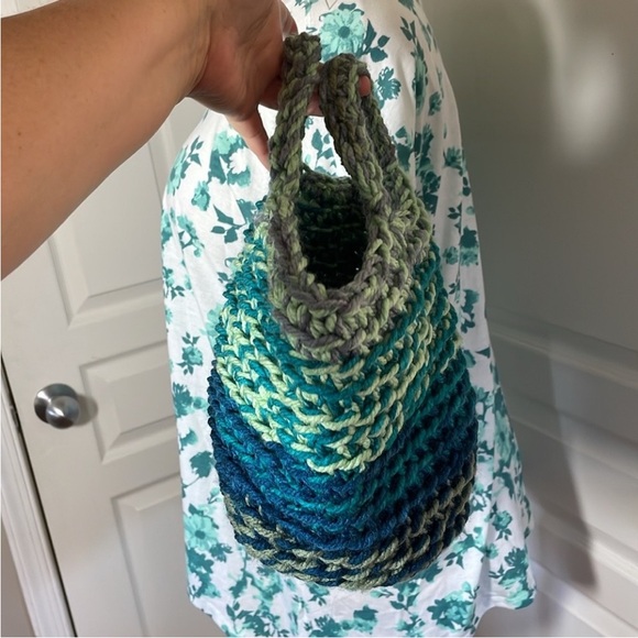 Handmade Basket Organization Green Blue Crochet Decor Hand Crafted Chunky Knit - Picture 11 of 17